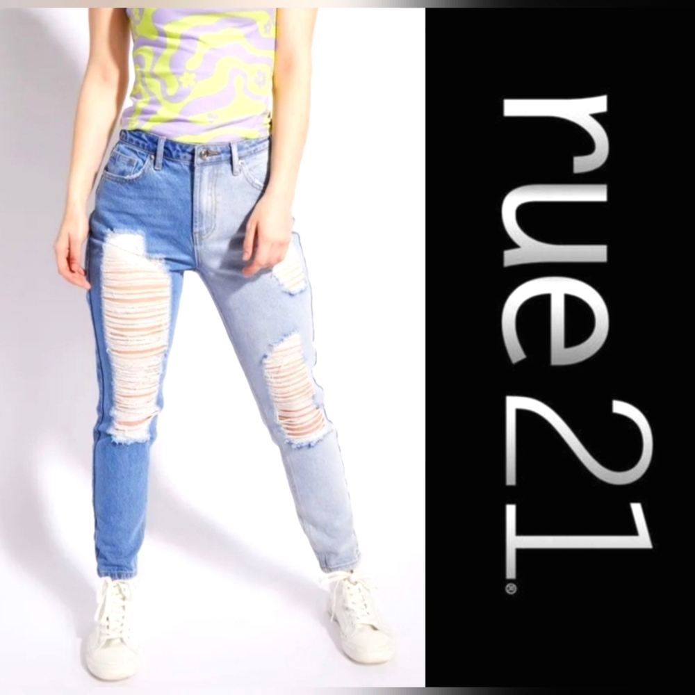 Medium Wash High Rise Two Tone Ripped Mom Jeans